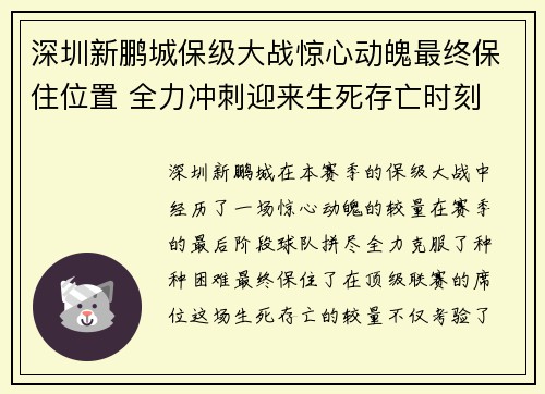深圳新鹏城保级大战惊心动魄最终保住位置 全力冲刺迎来生死存亡时刻