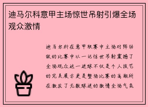 迪马尔科意甲主场惊世吊射引爆全场观众激情